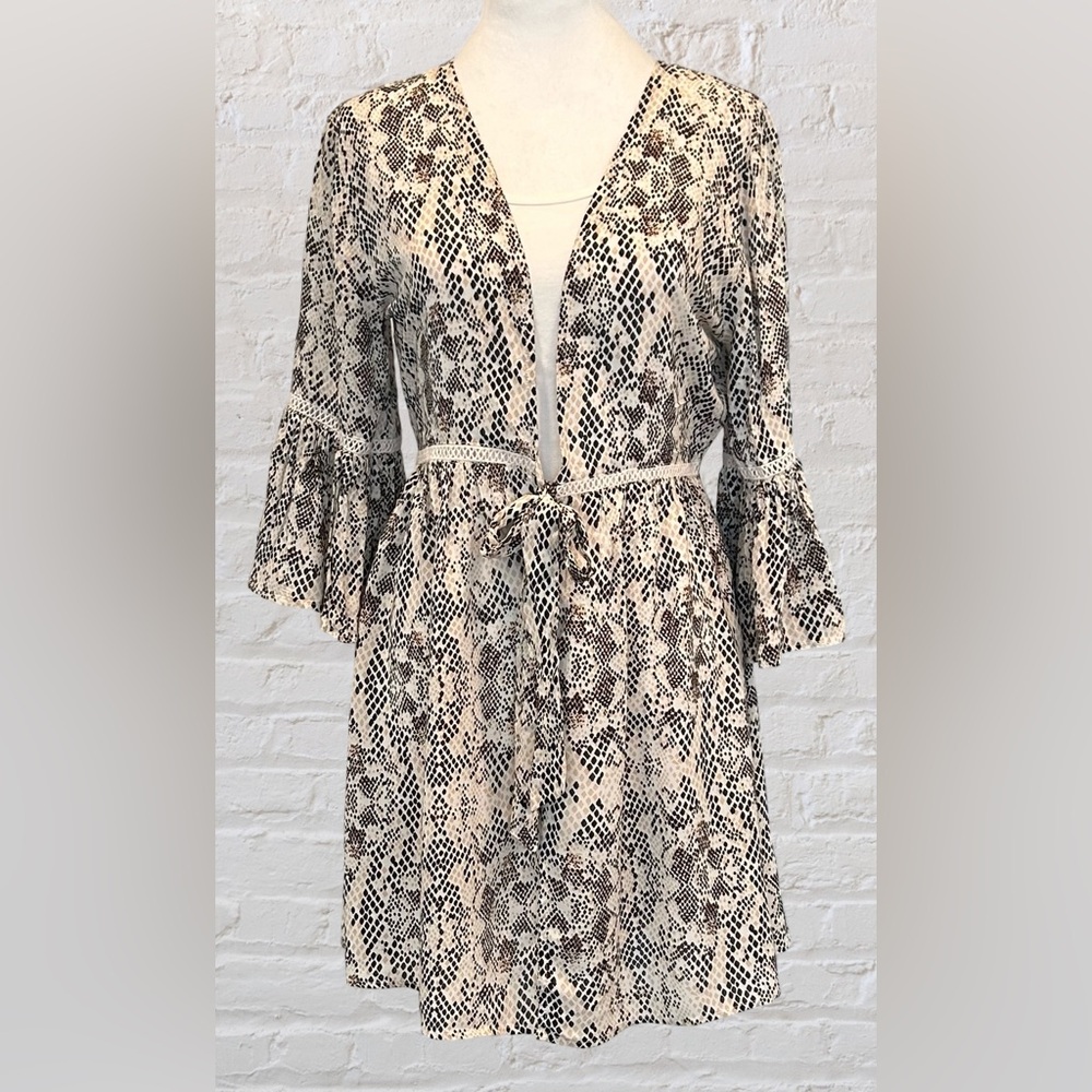 Blue Island Dress Beach Pool Cover Up Sz S Brown Ivory Snake Skin Print Boho NWT